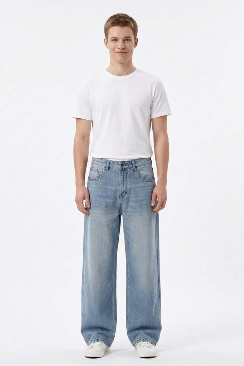 Men's 100% Cotton Washed Relaxed Fit Wide Leg Jeans