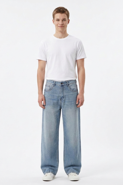 Men's 100% Cotton Washed Relaxed Fit Wide Leg Jeans