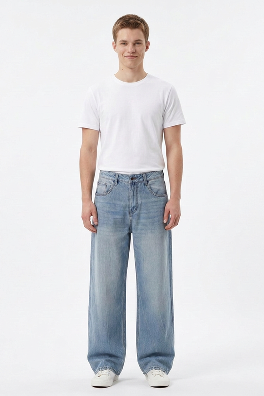 Men's 100% Cotton Washed Relaxed Fit Wide Leg Jeans