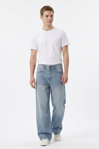 Men's 100% Cotton Washed Relaxed Fit Wide Leg Jeans