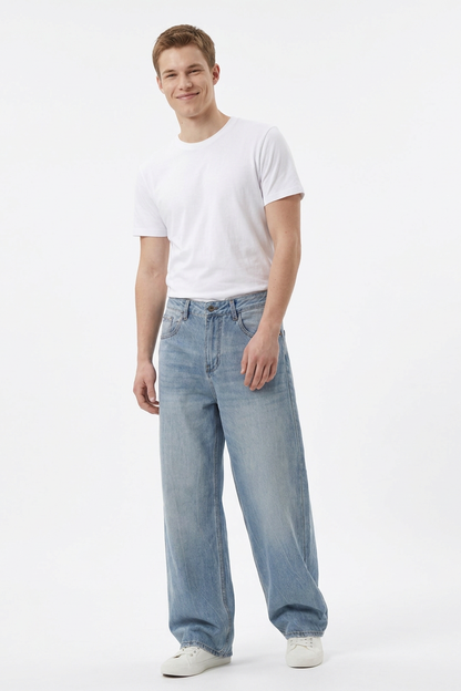 Men's 100% Cotton Washed Relaxed Fit Wide Leg Jeans