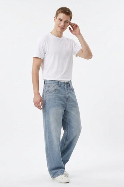 Men's 100% Cotton Washed Relaxed Fit Wide Leg Jeans