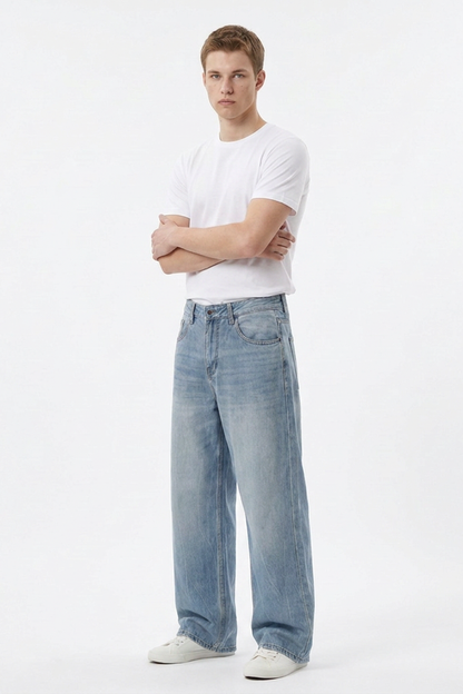 Men's 100% Cotton Washed Relaxed Fit Wide Leg Jeans