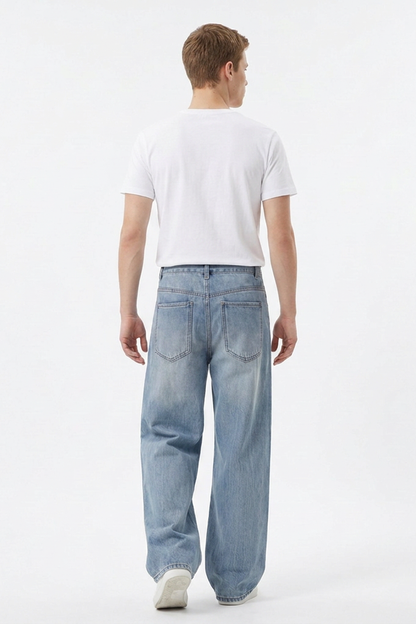 Men's 100% Cotton Washed Relaxed Fit Wide Leg Jeans