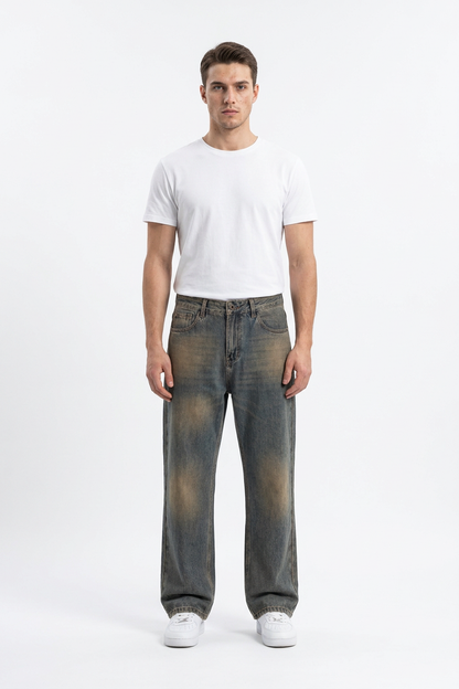 Men's Vintage Dirty Wash Cotton Straight Leg Jeans
