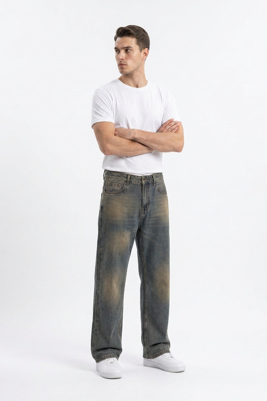 Men's Vintage Dirty Wash Cotton Straight Leg Jeans