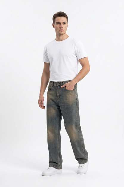 Men's Vintage Dirty Wash Cotton Straight Leg Jeans