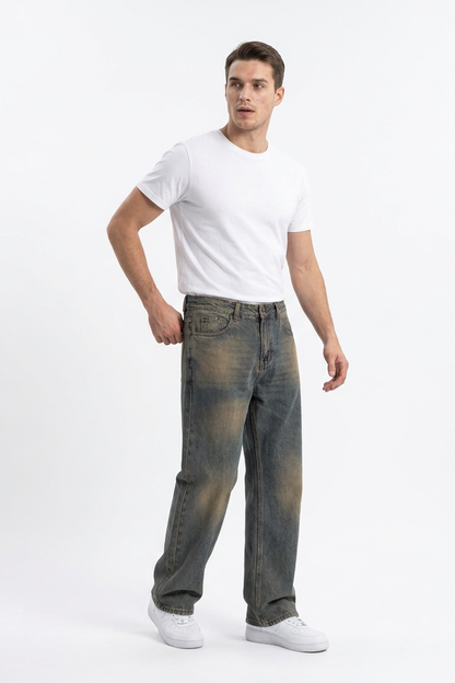 Men's Vintage Dirty Wash Cotton Straight Leg Jeans