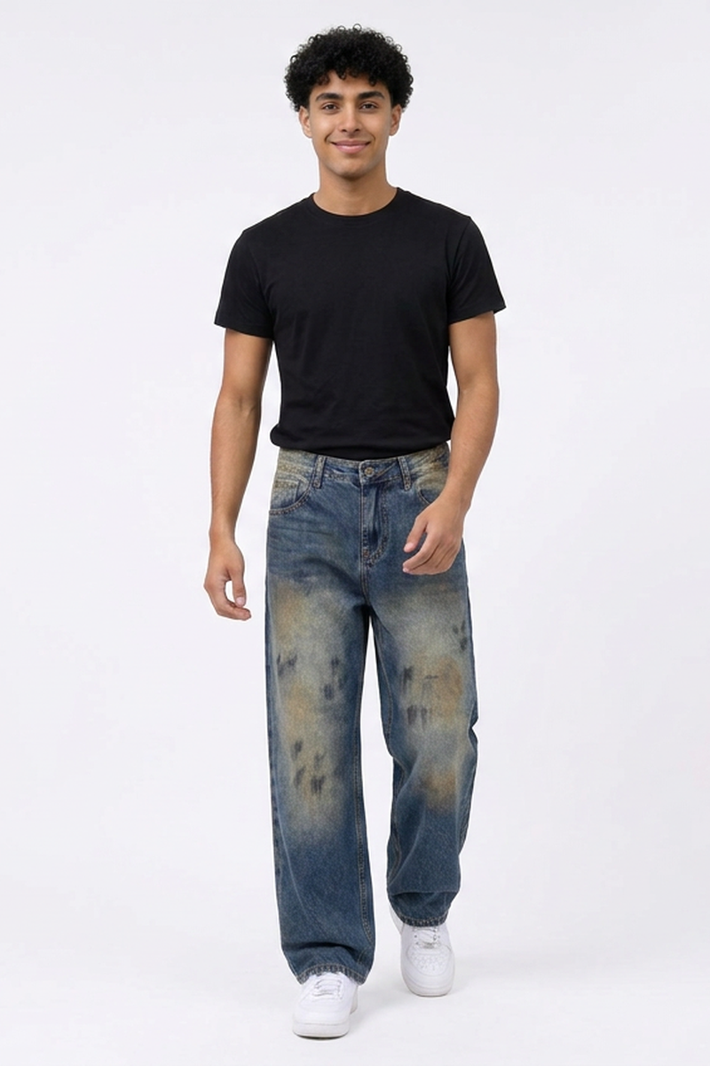 Men's Dirty Wash Graffiti Straight Leg Jeans