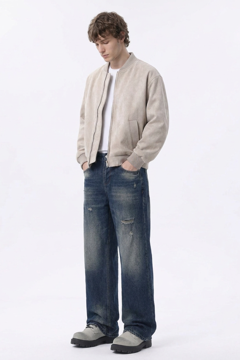 Men's Distressed Ripped Relaxed Straight Leg Jeans