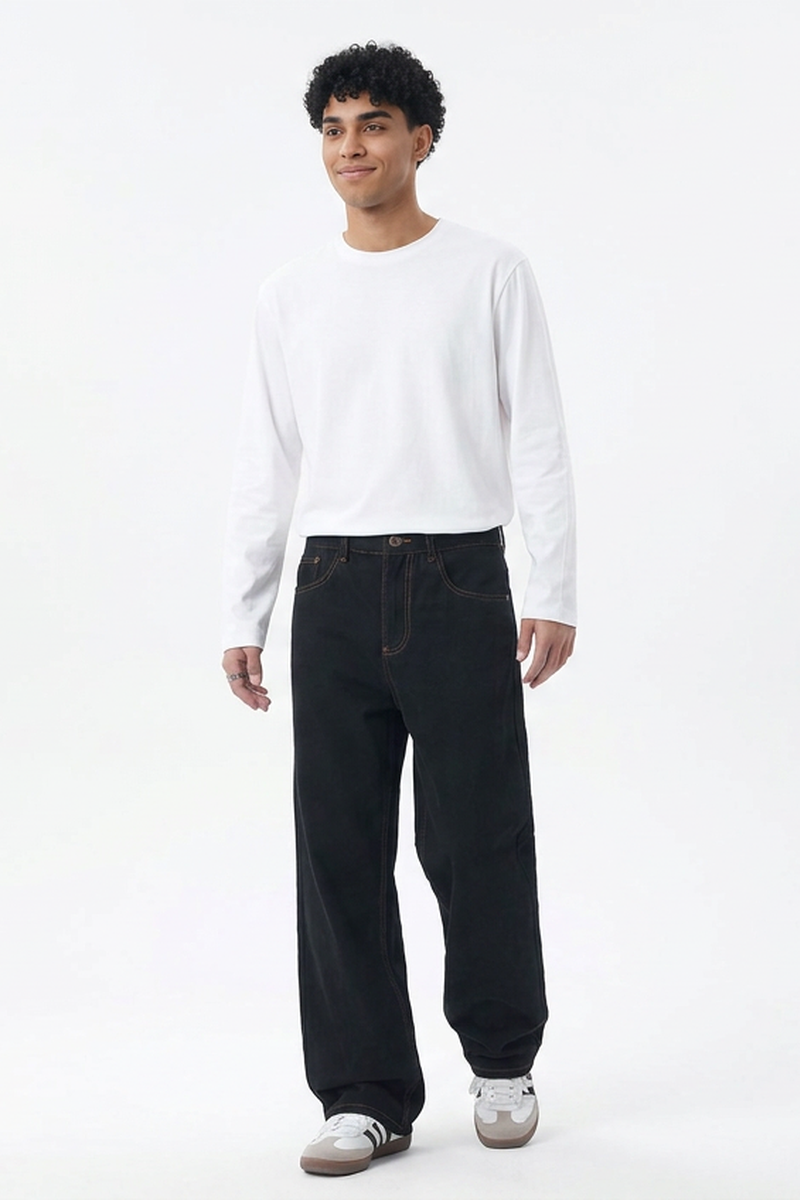 Men's Raw Black Relaxed Straight Leg Jeans