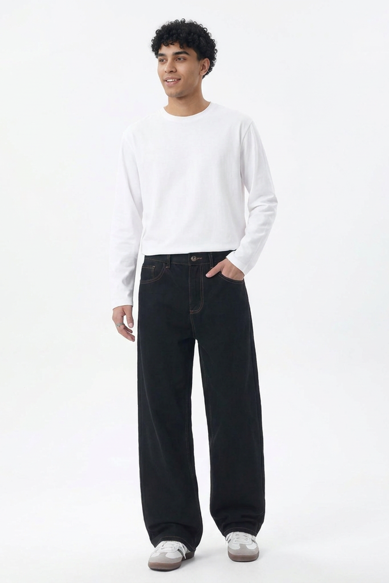 Men's Raw Black Relaxed Straight Leg Jeans