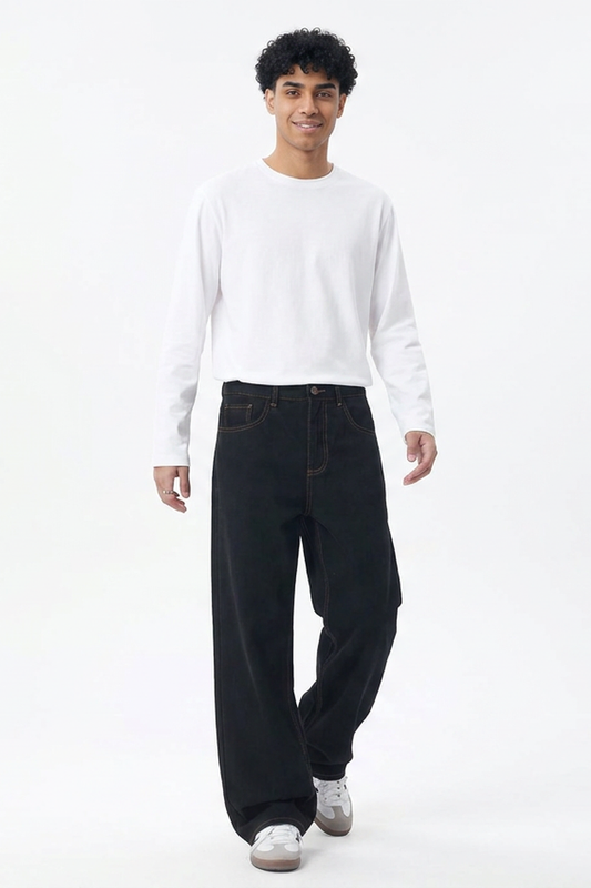 Men's Raw Black Relaxed Straight Leg Jeans