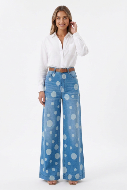 Women's Retro Polka Dot High Waist Wide Leg Jeans