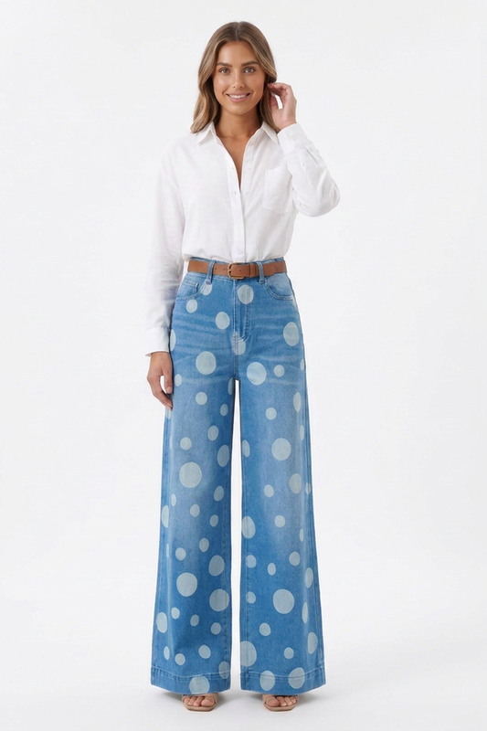 Women's Retro Polka Dot High Waist Wide Leg Jeans