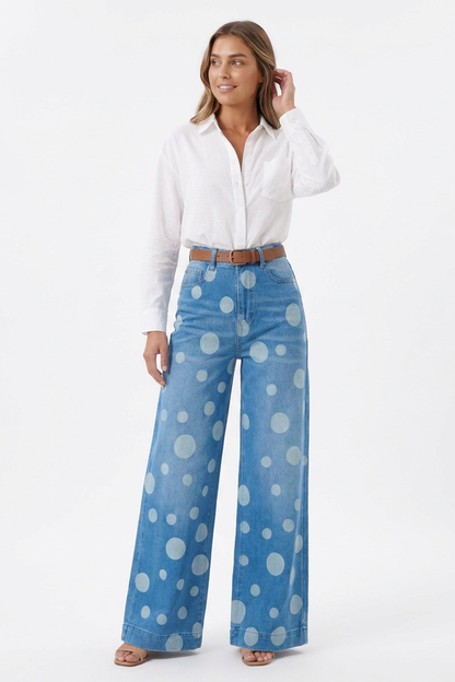 Women's Retro Polka Dot High Waist Wide Leg Jeans