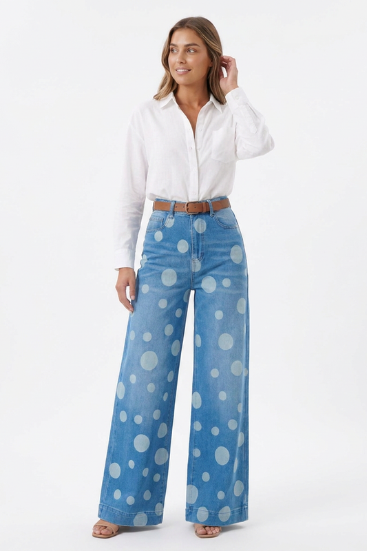 Women's Retro Polka Dot High Waist Wide Leg Jeans