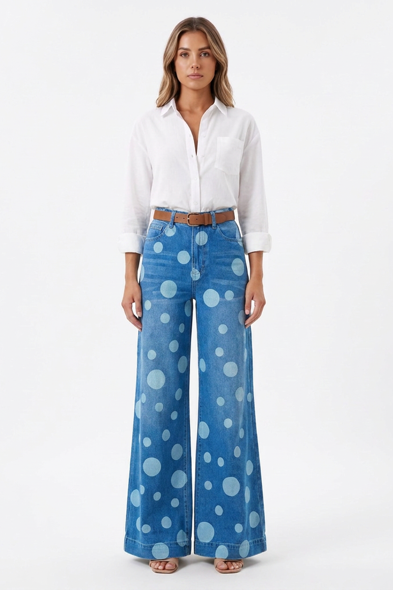 Women's Retro Polka Dot High Waist Wide Leg Jeans