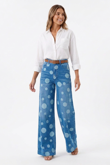 Women's Retro Polka Dot High Waist Wide Leg Jeans