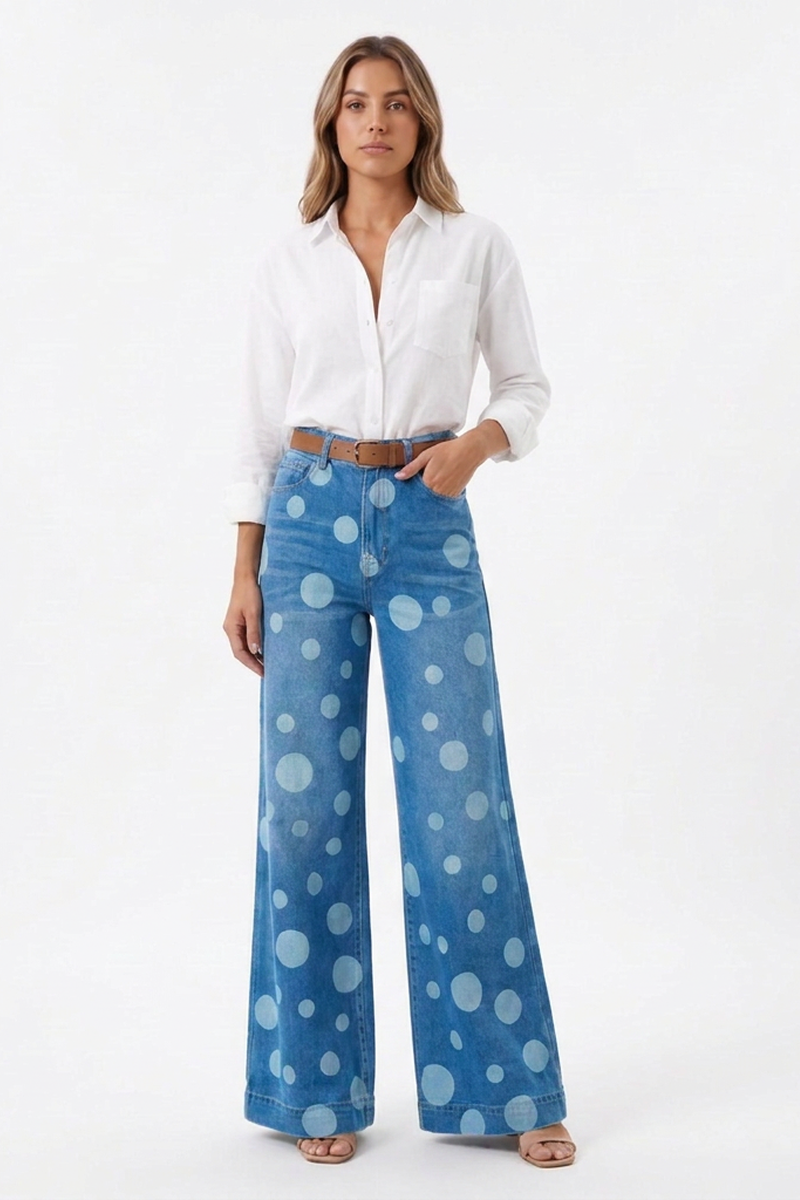 Women's Retro Polka Dot High Waist Wide Leg Jeans