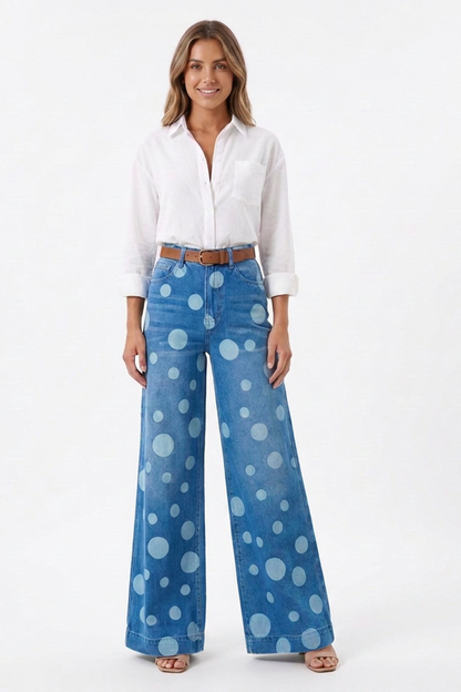 Women's Retro Polka Dot High Waist Wide Leg Jeans