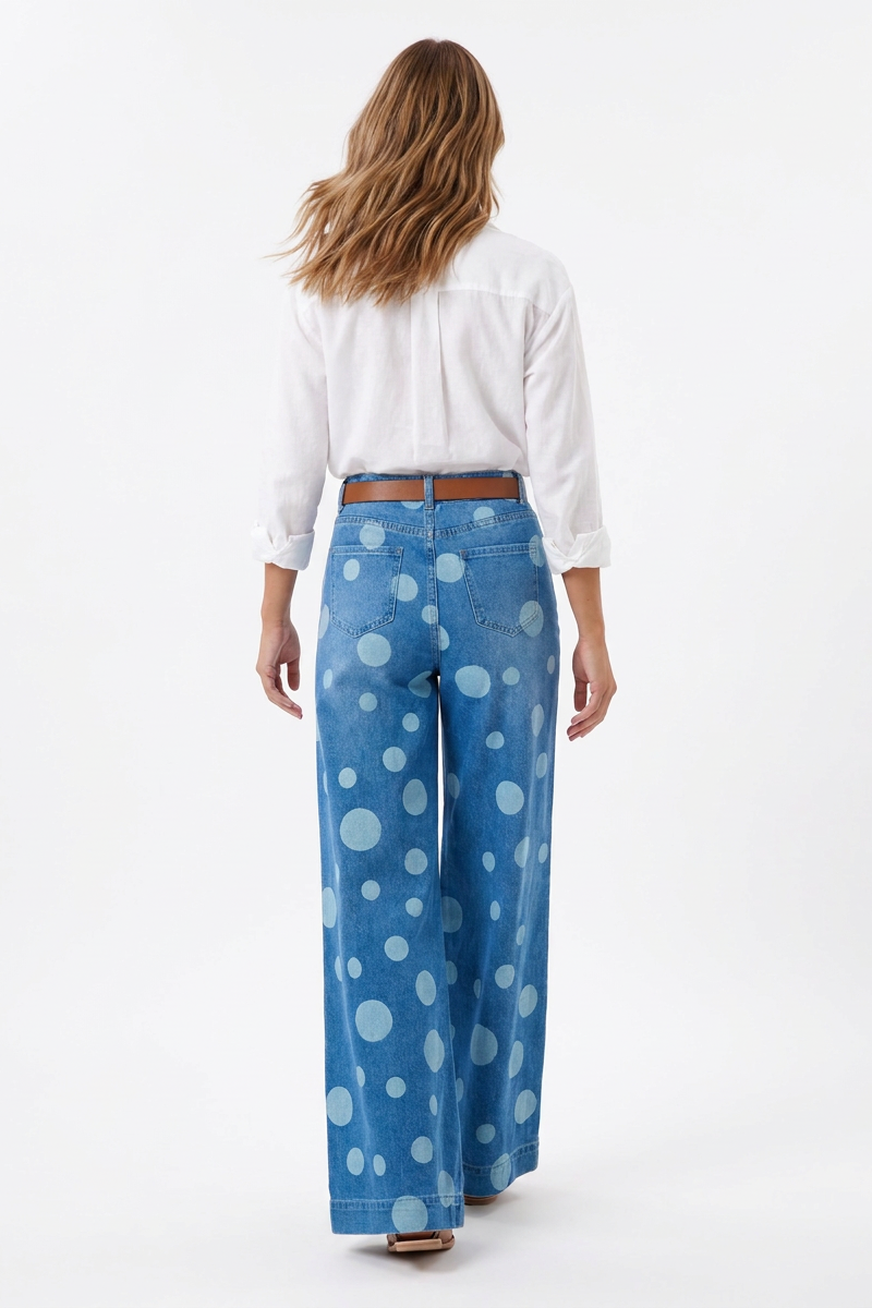 Women's Retro Polka Dot High Waist Wide Leg Jeans