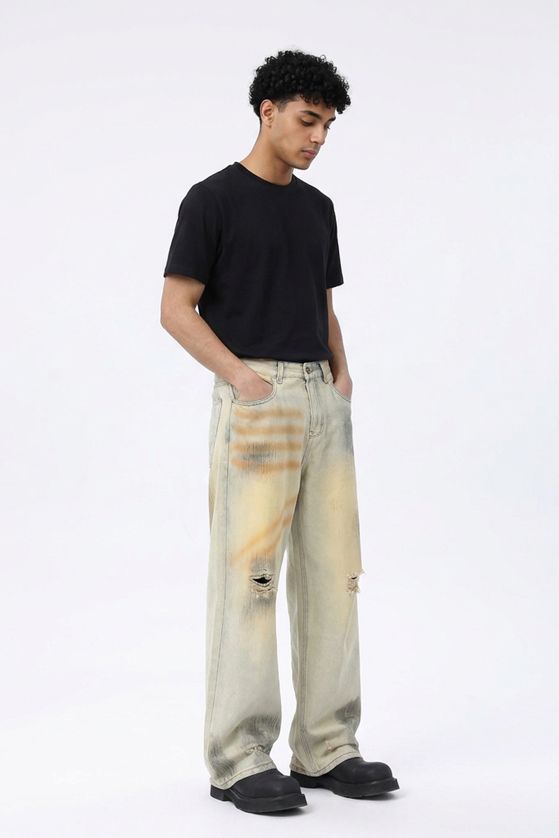 Men's Dirty Wash Relaxed Wide Leg Jeans