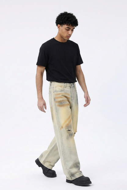 Men's Dirty Wash Relaxed Wide Leg Jeans