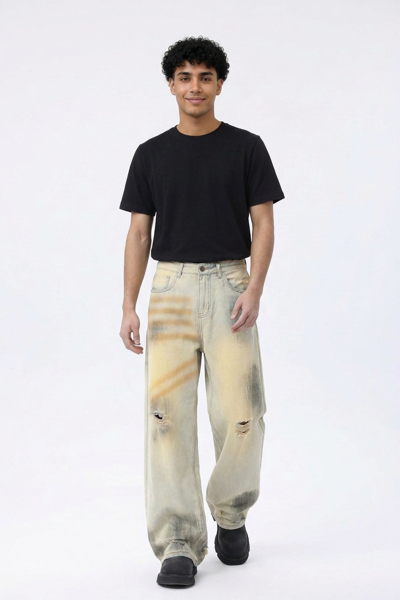 Men's Dirty Wash Relaxed Wide Leg Jeans