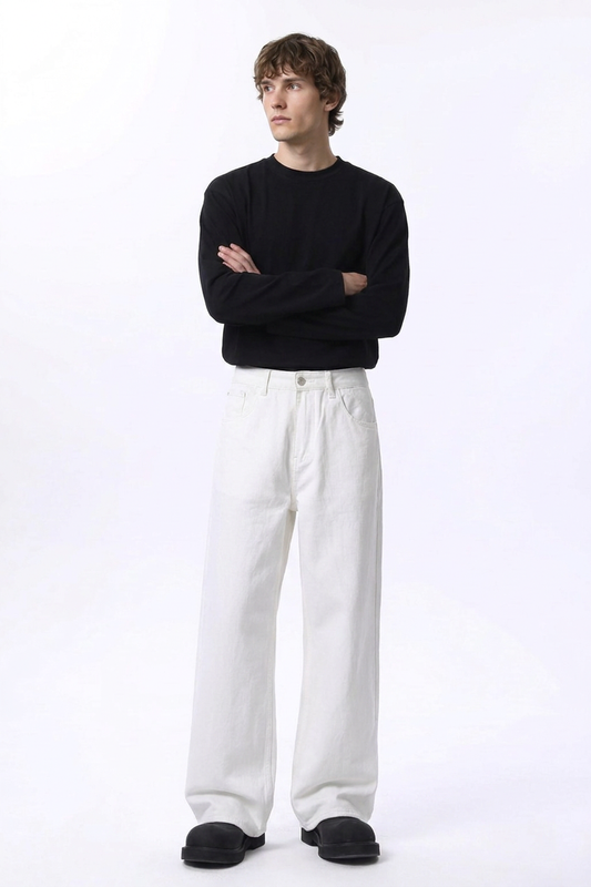Men's Clean White Loose Fit Wide Leg Jeans
