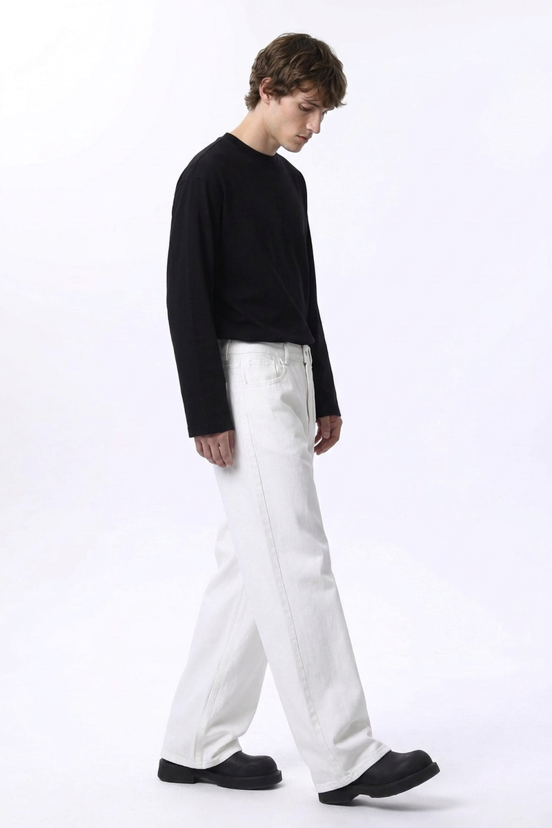 Men's Clean White Loose Fit Wide Leg Jeans