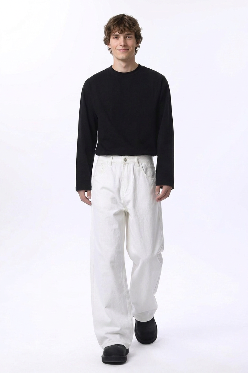 Men's Clean White Loose Fit Wide Leg Jeans