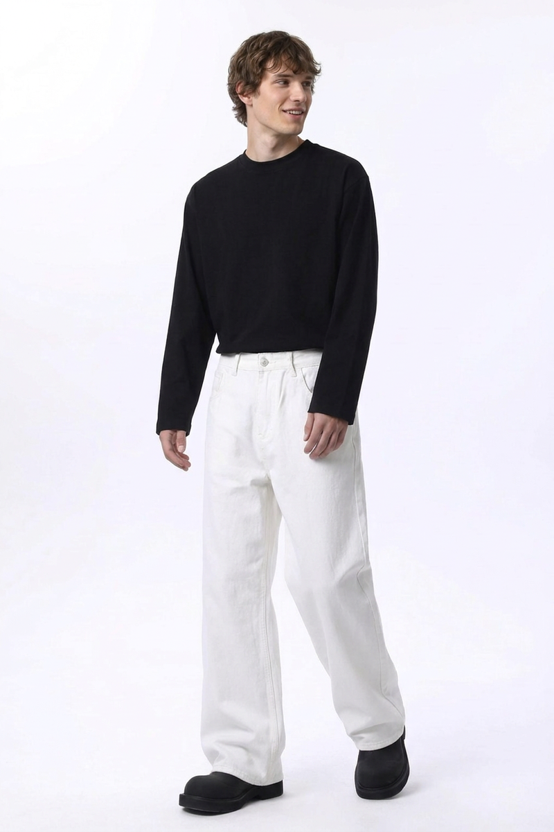 Men's Clean White Loose Fit Wide Leg Jeans