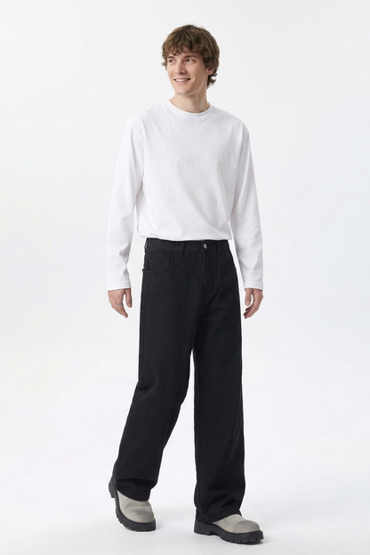 Men's Pure Black Wash Loose Fit Wide Leg Jeans