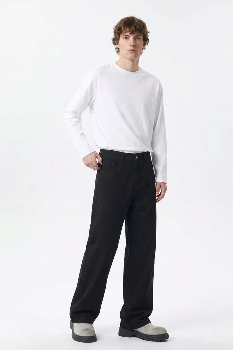 Men's Pure Black Wash Loose Fit Wide Leg Jeans