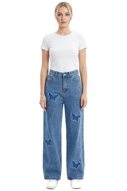 Women's Vintage Wash Butterfly Appliqué Wide-Leg Jeans