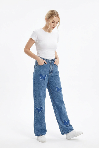 Women's Vintage Wash Butterfly Appliqué Wide-Leg Jeans
