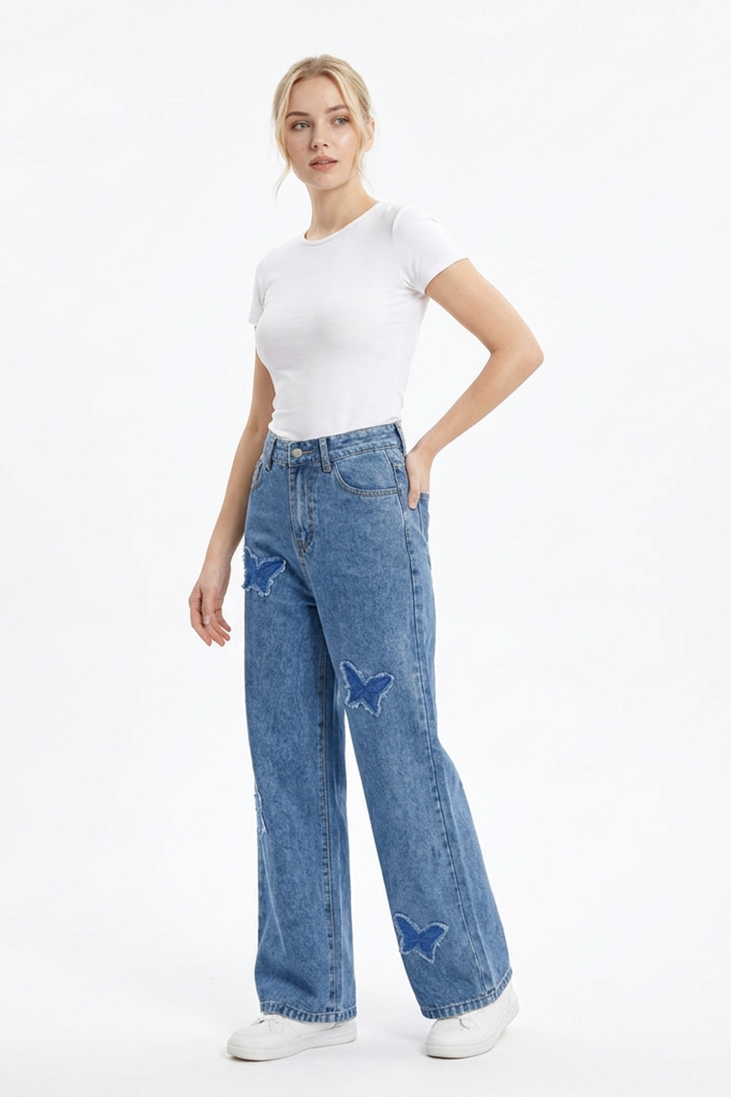 Women's Vintage Wash Butterfly Appliqué Wide-Leg Jeans