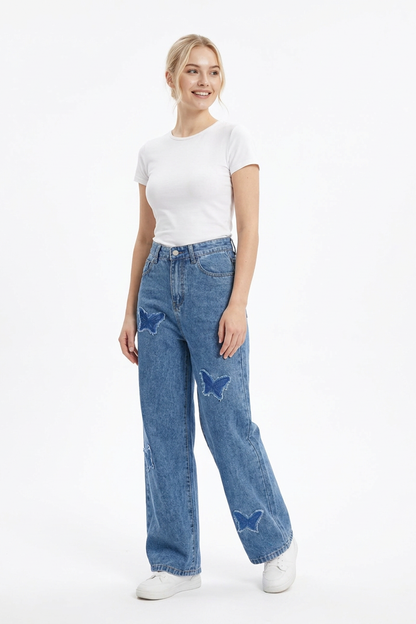 Women's Vintage Wash Butterfly Appliqué Wide-Leg Jeans