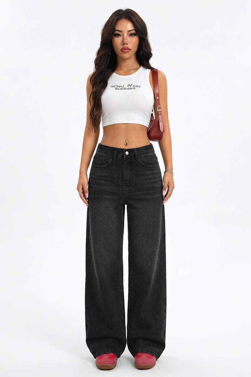 Women's Vintage Black High-Waisted Wide-Leg Jeans