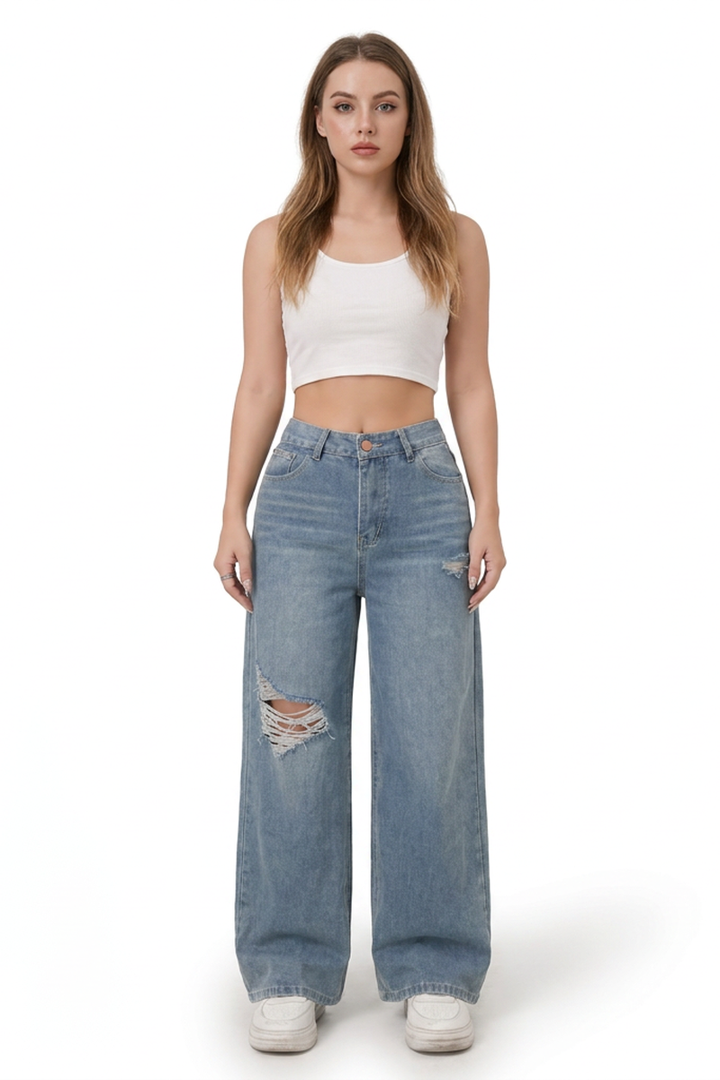 Women's Vintage Wash Wide-Leg Ripped Jeans