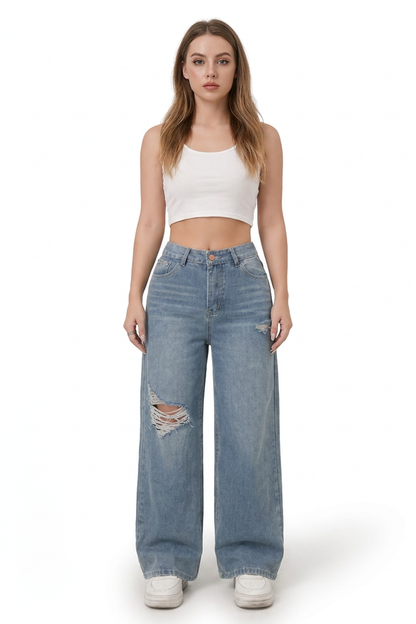 Women's Vintage Wash Wide-Leg Ripped Jeans