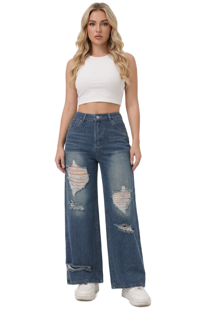 Women's Retro Blue High-Waisted Wide-Leg Ripped Jeans
