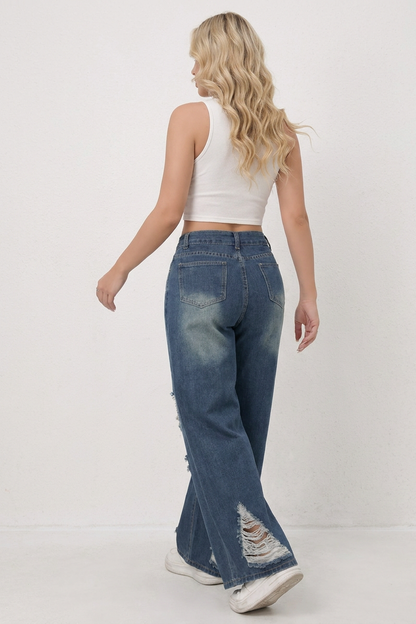 Women's Retro Blue High-Waisted Wide-Leg Ripped Jeans