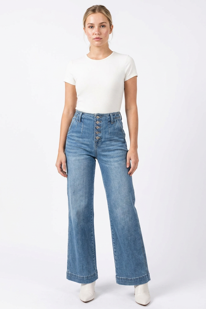 Women's High-Waisted Button-Fly Cuffed Wide-Leg Jeans