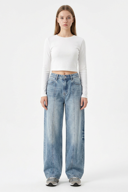 Women's Vintage Wash Paneled Wide-Leg Jeans