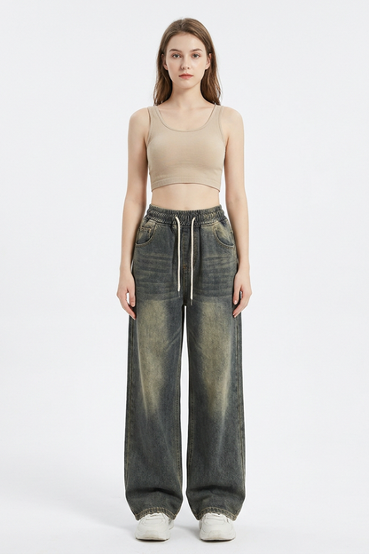 Women's Vintage Wash Drawstring Wide-Leg Jeans
