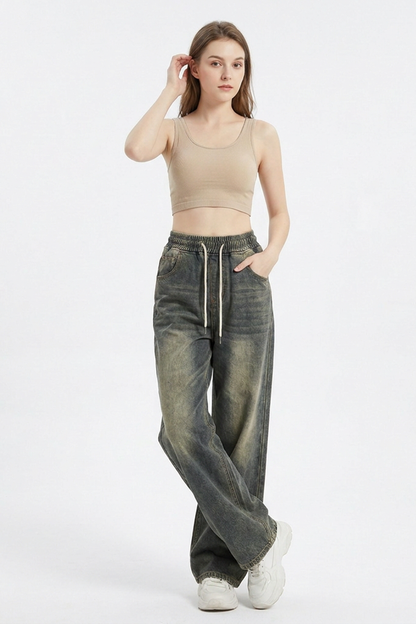 Women's Vintage Wash Drawstring Wide-Leg Jeans