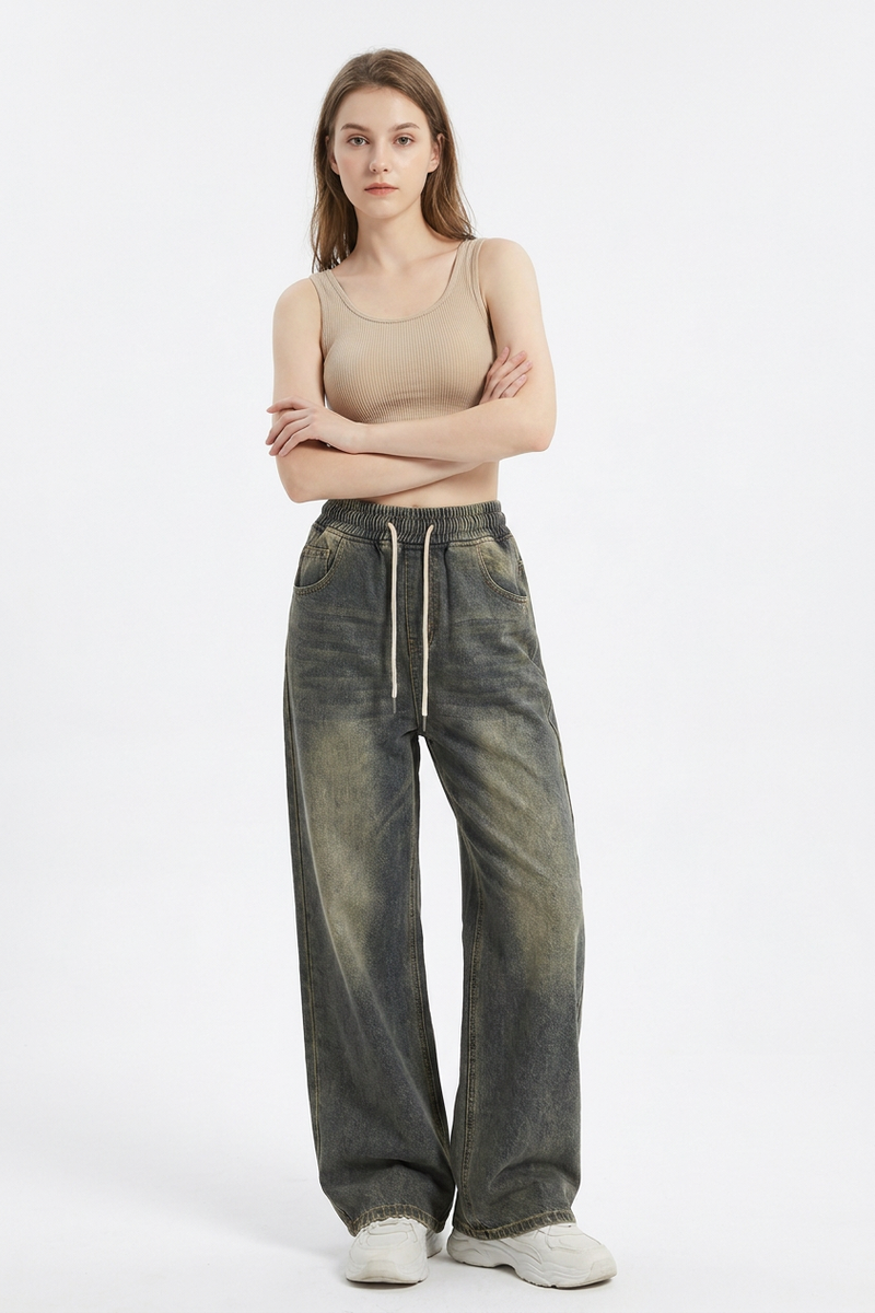 Women's Vintage Wash Drawstring Wide-Leg Jeans