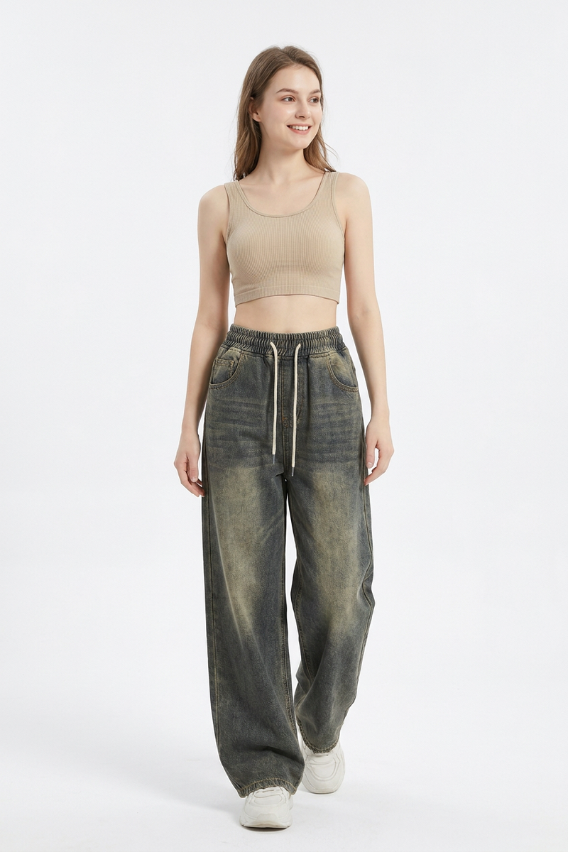 Women's Vintage Wash Drawstring Wide-Leg Jeans